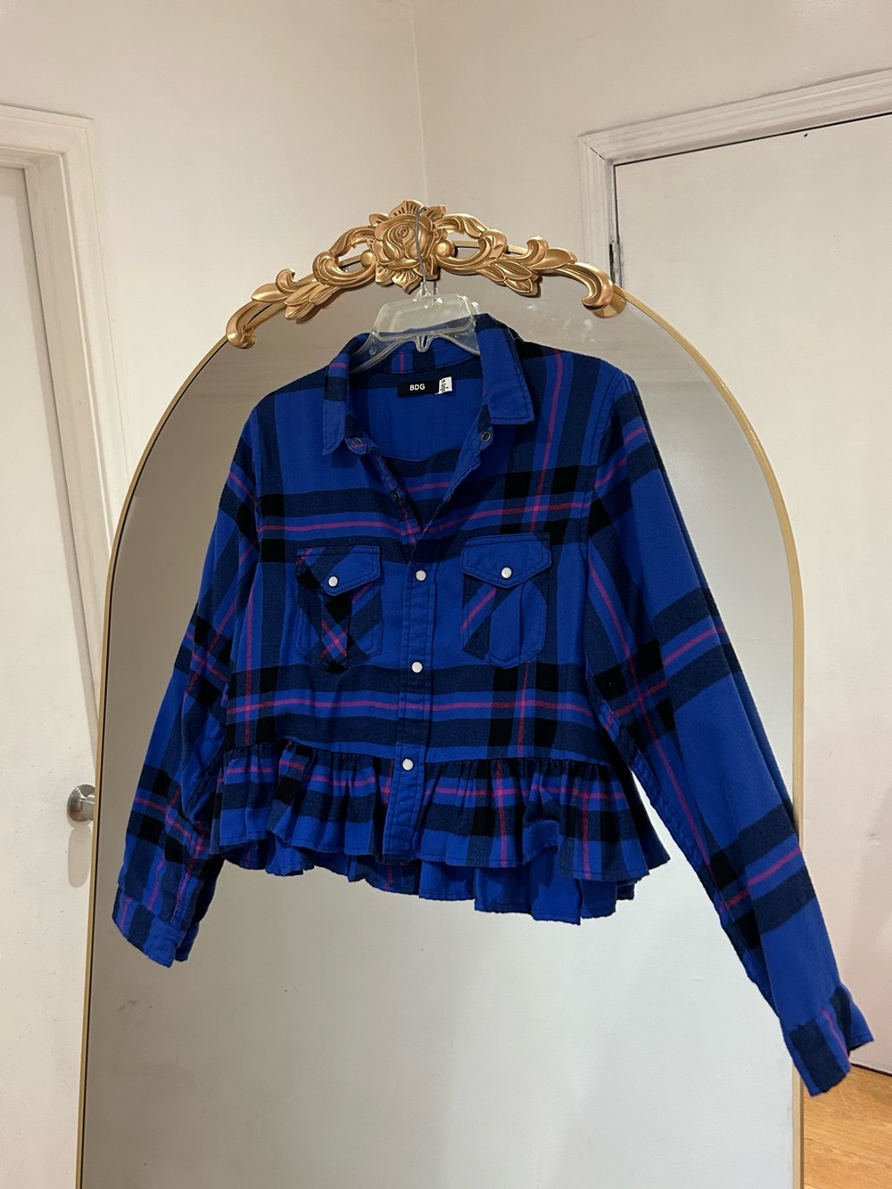 BDG Plaid Button-Up Flannel with Peplum Ruffle Hem Royal Blue Shirt, Size S